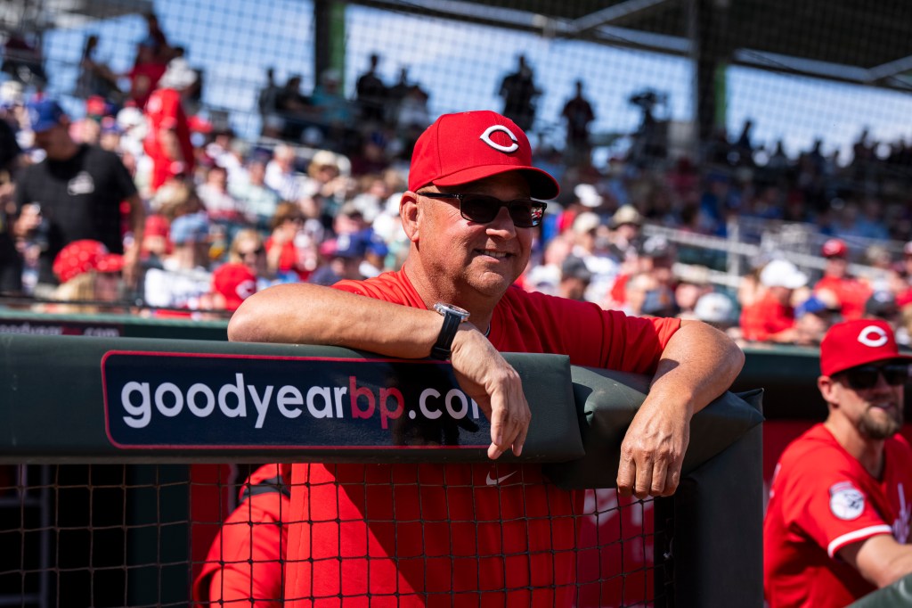 GOODYEAR, ARIZONA - FEBRUARY 24: Manager Terry Francona #77 of the Cincinnati Reds smiles before a game against the Los Angeles Dodgers at Goodyear Ballpark on February 24, 2025 in Goodyear, Arizona. (Photo by Kate Woolson/Cincinnati Reds/Getty Images)