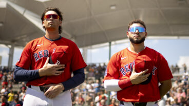 FORT MYERS, FLORIDA - MARCH 15: (L-R) Triston Casas #36 and Wilyer Abreu #52 of the Boston Red Sox look on during the National Anthem before a game against the Atlanta Braves at JetBlue Park at Fenway South in Fort Myers, Florida on March 15, 2025. (Photo by Maddie Malhotra/Boston Red Sox/Getty Images)