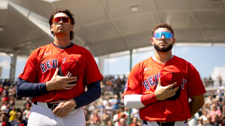 FORT MYERS, FLORIDA - MARCH 15: (L-R) Triston Casas #36 and Wilyer Abreu #52 of the Boston Red Sox look on during the National Anthem before a game against the Atlanta Braves at JetBlue Park at Fenway South in Fort Myers, Florida on March 15, 2025. (Photo by Maddie Malhotra/Boston Red Sox/Getty Images)