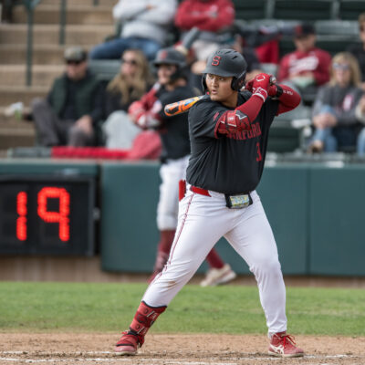 STANFORD, CA - MARCH 15: Rintaro Sasaki at the plate for his first home run during a game between Duke University and Stanford Baseball at Klein Field at Sunken Diamond on March 15, 2025 in Stanford, California. (Photo by Karen Hickey/ISI Photos/Getty Images)