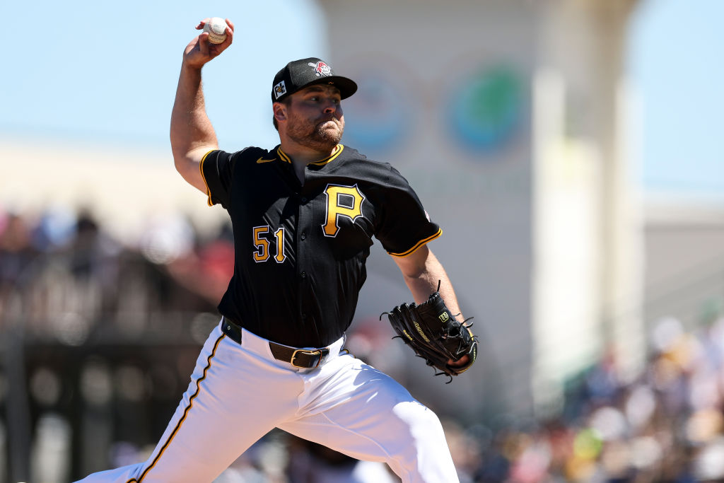 BRADENTON, FLORIDA - MARCH 18: David Bednar #51 of the Pittsburgh Pirates delivers a pitch during a spring training game against the Philadelphia Phillies at LECOM Park on March 18, 2025 in Bradenton, Florida. (Photo by Kevin Sabitus/Getty Images)