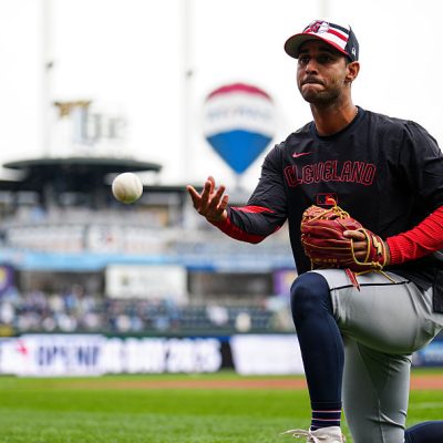 KANSAS CITY, MO - MARCH 27: Brayan Rocchio #4 of the Cleveland Guardians warms up prior to the game between the Cleveland Guardians and the Kansas City Royals at Kauffman Stadium on Thursday, March 27, 2025 in Kansas City, Missouri. (Photo by Daniel Shirey/MLB Photos via Getty Images)