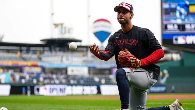 KANSAS CITY, MO - MARCH 27: Brayan Rocchio #4 of the Cleveland Guardians warms up prior to the game between the Cleveland Guardians and the Kansas City Royals at Kauffman Stadium on Thursday, March 27, 2025 in Kansas City, Missouri. (Photo by Daniel Shirey/MLB Photos via Getty Images)