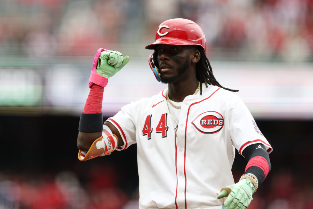 Elly De La Cruz of the Cincinnati Reds celebrates after hitting a single in the third inning during the game between the San Francisco Giants and the Cincinnati Reds at Great American Ball Park.