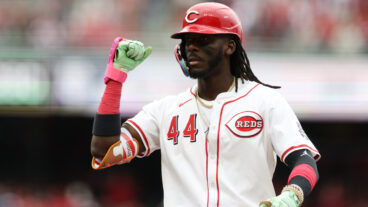 Elly De La Cruz of the Cincinnati Reds celebrates after hitting a single in the third inning during the game between the San Francisco Giants and the Cincinnati Reds at Great American Ball Park.
