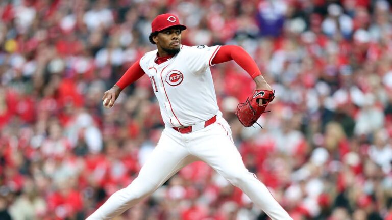 Hunter Greene of the Cincinnati Reds pitches during the game between the San Francisco Giants and the Cincinnati Reds at Great American Ball Park.