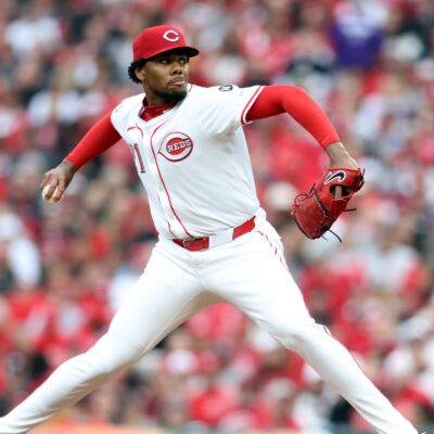 Hunter Greene of the Cincinnati Reds pitches during the game between the San Francisco Giants and the Cincinnati Reds at Great American Ball Park.