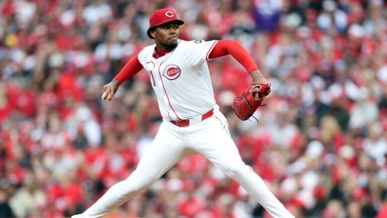 Hunter Greene of the Cincinnati Reds pitches during the game between the San Francisco Giants and the Cincinnati Reds at Great American Ball Park.
