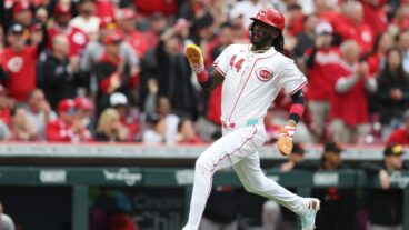 Elly De La Cruz of the Cincinnati Reds scores a run in the third inning during the game between the San Francisco Giants and the Cincinnati Reds at Great American Ball Park.