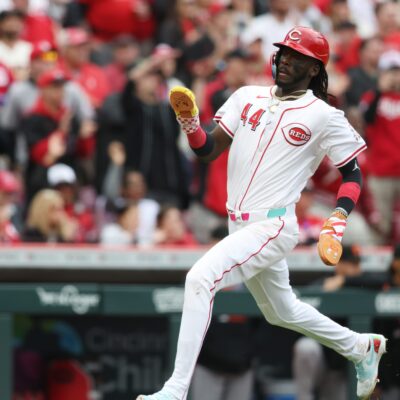 Elly De La Cruz of the Cincinnati Reds scores a run in the third inning during the game between the San Francisco Giants and the Cincinnati Reds at Great American Ball Park.