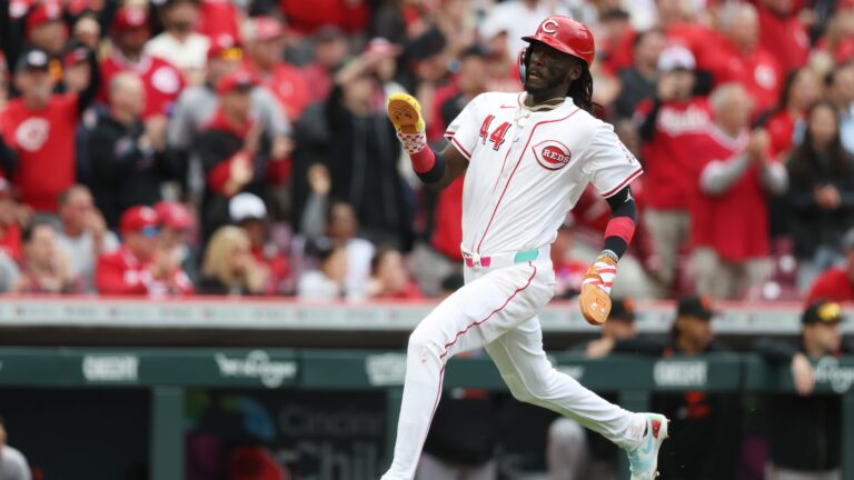 Elly De La Cruz of the Cincinnati Reds scores a run in the third inning during the game between the San Francisco Giants and the Cincinnati Reds at Great American Ball Park.