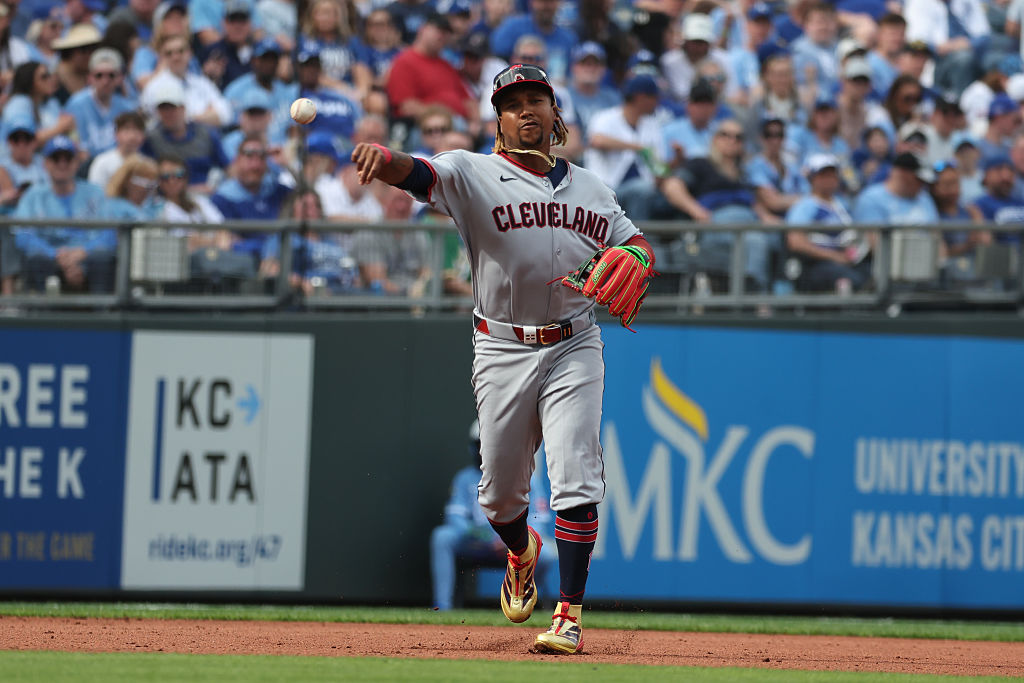 KANSAS CITY, MO - MARCH 27: Cleveland Guardians third base José Ramírez (11) makes a throw to first between innings of an Opening Day MLB game between the Cleveland Guardians and Kansas City Royals on March 27, 2025 at Kauffman Stadium in Kansas City, MO. (Photo by Scott Winters/Icon Sportswire via Getty Images)