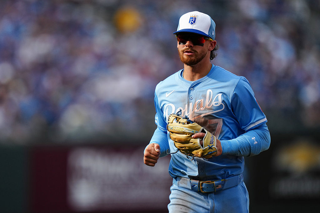 KANSAS CITY, MO - MARCH 27: Bobby Witt Jr. #7 of the Kansas City Royals looks on during the game between the Cleveland Guardians and the Kansas City Royals at Kauffman Stadium on Thursday, March 27, 2025 in Kansas City, Missouri. (Photo by Daniel Shirey/MLB Photos via Getty Images)