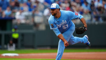 KANSAS CITY, MO - MARCH 27: Carlos Estevez #53 of the Kansas City Royals pitches during the game between the Cleveland Guardians and the Kansas City Royals at Kauffman Stadium on Thursday, March 27, 2025 in Kansas City, Missouri. (Photo by Daniel Shirey/MLB Photos via Getty Images)