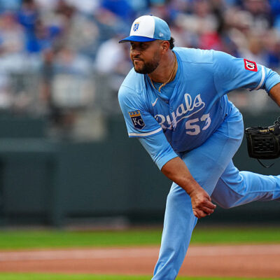 KANSAS CITY, MO - MARCH 27: Carlos Estevez #53 of the Kansas City Royals pitches during the game between the Cleveland Guardians and the Kansas City Royals at Kauffman Stadium on Thursday, March 27, 2025 in Kansas City, Missouri. (Photo by Daniel Shirey/MLB Photos via Getty Images)