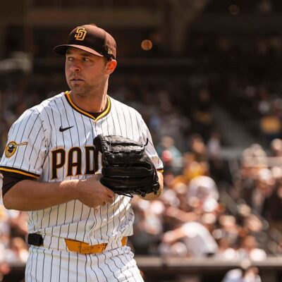 SAN DIEGO, CALIFORNIA - MARCH 27: Michael King #34 of the San Diego Padres walks out to the mound before the game against the Atlanta braves on opening day at Petco Park on March 27, 2025 in San Diego, California. (Photo by Matt Thomas/San Diego Padres/Getty Images)