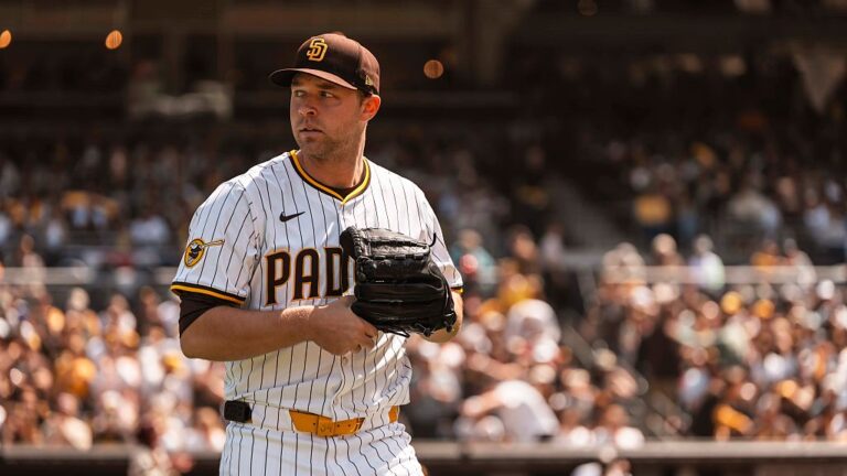 SAN DIEGO, CALIFORNIA - MARCH 27: Michael King #34 of the San Diego Padres walks out to the mound before the game against the Atlanta braves on opening day at Petco Park on March 27, 2025 in San Diego, California. (Photo by Matt Thomas/San Diego Padres/Getty Images)