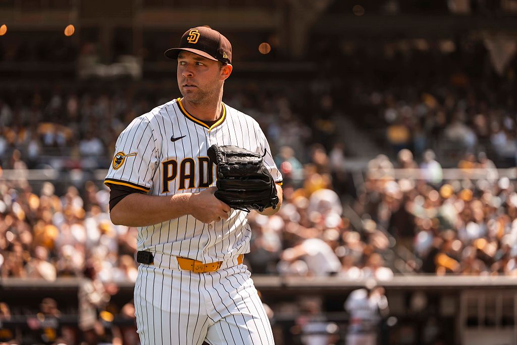 SAN DIEGO, CALIFORNIA - MARCH 27: Michael King #34 of the San Diego Padres walks out to the mound before the game against the Atlanta braves on opening day at Petco Park on March 27, 2025 in San Diego, California. (Photo by Matt Thomas/San Diego Padres/Getty Images)