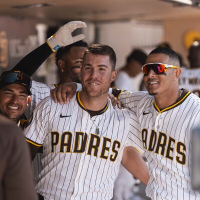 SAN DIEGO, CALIFORNIA - MARCH 27: Gavin Sheets #30 of the San Diego Padres celebrates after hitting a home run in the seventh inning during the game against the Atlanta braves on opening day at Petco Park on March 27, 2025 in San Diego, California. (Photo by Matt Thomas/San Diego Padres/Getty Images)