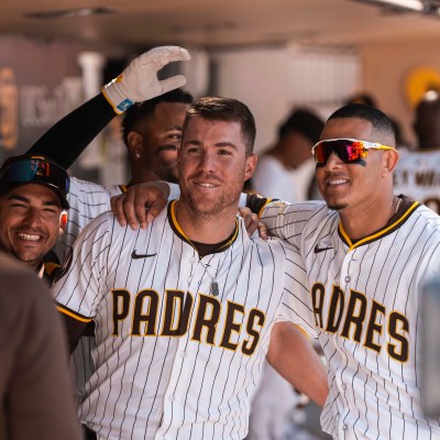 SAN DIEGO, CALIFORNIA - MARCH 27: Gavin Sheets #30 of the San Diego Padres celebrates after hitting a home run in the seventh inning during the game against the Atlanta braves on opening day at Petco Park on March 27, 2025 in San Diego, California. (Photo by Matt Thomas/San Diego Padres/Getty Images)