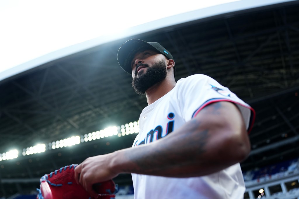 Sandy Alcantara of the Miami Marlins takes the field prior to a game against the Pittsburgh Pirates on Opening Day at loanDepot park.