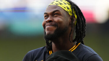 MIAMI, FLORIDA - MARCH 27: Oneil Cruz #15 of the Pittsburgh Pirates reacts during the National Anthem prior to a game against the Miami Marlins on Opening Day at loanDepot park on March 27, 2025 in Miami, Florida. (Photo by Rich Storry/Getty Images)