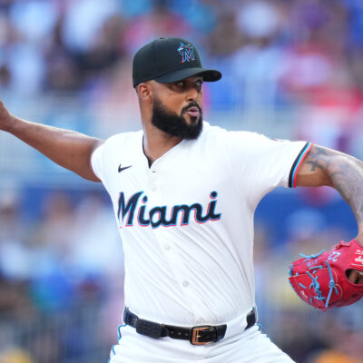 Sandy Alcantara of the Miami Marlins throws a pitch during the first inning against the Pittsburgh Pirates on Opening Day at loanDepot park.