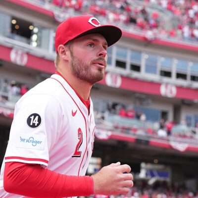 Gavin Lux of the Cincinnati Reds takes the field prior to a game against the San Francisco Giants on Opening Day at Great American Ball Park.