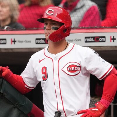 CINCINNATI, OHIO - MARCH 27: Matt McLain #9 of the Cincinnati Reds looks on during the third inning against the San Francisco Giants on Opening Day at Great American Ball Park on March 27, 2025 in Cincinnati, Ohio. (Photo by Jeff Dean/Getty Images)