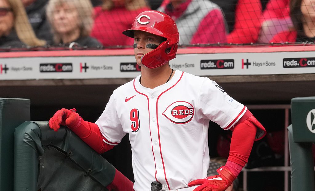 CINCINNATI, OHIO - MARCH 27: Matt McLain #9 of the Cincinnati Reds looks on during the third inning against the San Francisco Giants on Opening Day at Great American Ball Park on March 27, 2025 in Cincinnati, Ohio. (Photo by Jeff Dean/Getty Images)