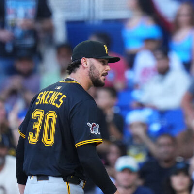 MIAMI, FLORIDA - MARCH 27: Paul Skenes #30 of the Pittsburgh Pirates reacts after being taken out in the sixth inning of their Opening Day game against the Miami Marlins at loanDepot park on March 27, 2025 in Miami, Florida. (Photo by Rich Storry/Getty Images)