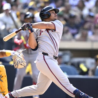 Drake Baldwin of the Atlanta Braves flies out during the fifth inning against the San Diego Padres on Opening Day at Petco Park.
