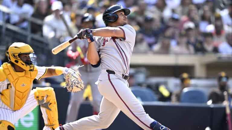 Drake Baldwin of the Atlanta Braves flies out during the fifth inning against the San Diego Padres on Opening Day at Petco Park.