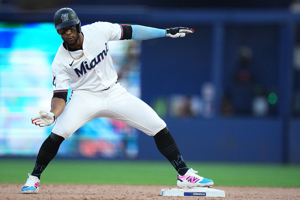 MIAMI, FLORIDA - MARCH 27: Otto Lopez #6 of the Miami Marlins reacts after hitting a single against the Pittsburgh Pirates during the eighth inning of their Opening Day game at loanDepot park on March 27, 2025 in Miami, Florida. (Photo by Rich Storry/Getty Images)