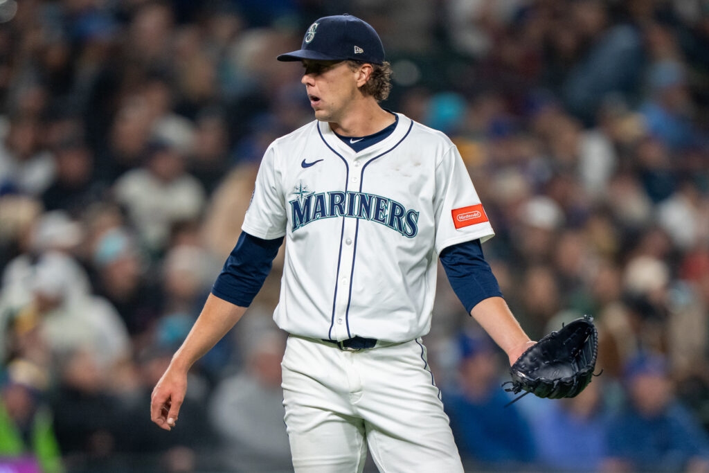 SEATTLE, WA -MARCH 27: Starting pitcher Logan Gilbert #36 of the Seattle Mariners reacts after giving up a home run during the fifth inning against the Athletics on Opening Day at T-Mobile Park on March 27, 2025 in Seattle, Washington. (Photo by Stephen Brashear/Getty Images)