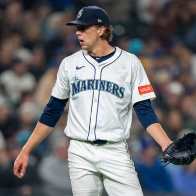 SEATTLE, WA -MARCH 27: Starting pitcher Logan Gilbert #36 of the Seattle Mariners reacts after giving up a home run during the fifth inning against the Athletics on Opening Day at T-Mobile Park on March 27, 2025 in Seattle, Washington. (Photo by Stephen Brashear/Getty Images)