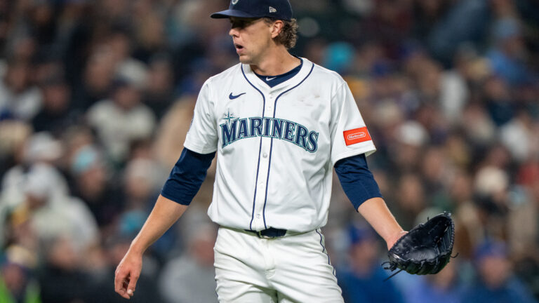 SEATTLE, WA -MARCH 27: Starting pitcher Logan Gilbert #36 of the Seattle Mariners reacts after giving up a home run during the fifth inning against the Athletics on Opening Day at T-Mobile Park on March 27, 2025 in Seattle, Washington. (Photo by Stephen Brashear/Getty Images)