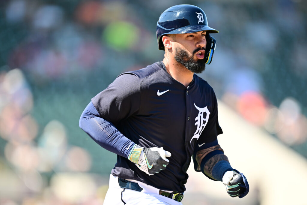LAKELAND, FLORIDA - FEBRUARY 26: Gleyber Torres #25 of the Detroit Tigers runs to first base in the fourth inning against the Minnesota Twins during a Grapefruit League spring training game at Publix Field at Joker Marchant Stadium on February 26, 2025 in Lakeland, Florida. (Photo by Julio Aguilar/Getty Images)