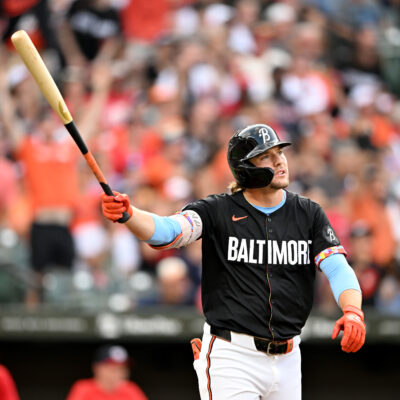 BALTIMORE, MARYLAND - AUGUST 14: Gunnar Henderson #2 of the Baltimore Orioles watches his two-run home run ball clear the fence in the first inning against the Washington Nationals at Oriole Park at Camden Yards on August 14, 2024 in Baltimore, Maryland. (Photo by Greg Fiume/Getty Images)