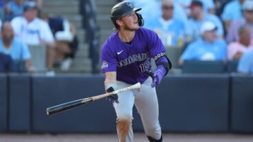TAMPA, FL - MARCH 28: Hunter Goodman #15 of the Colorado Rockies hits a double during the game between the Colorado Rockies and the Tampa Bay Rays at George M. Steinbrenner Field on Friday, March 28, 2025 in Tampa, Florida. (Photo by Mike Carlson/MLB Photos via Getty Images)