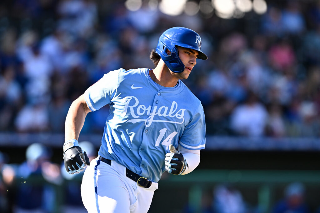 SURPRISE, ARIZONA - FEBRUARY 21, 2025: Jac Caglianone #14 of the Kansas City Royals runs out a fly ball during the eighth inning of a spring training game against the Texas Rangers at Surprise Stadium on February 21, 2025 in Surprise, Arizona. (Photo by Chris Bernacchi/Diamond Images via Getty Images)