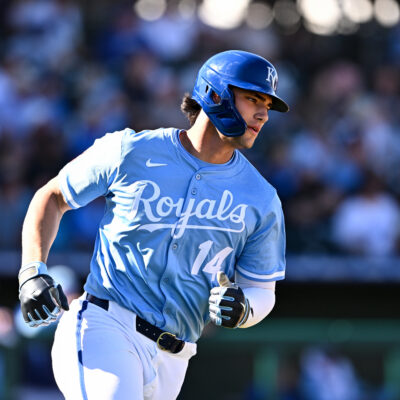 SURPRISE, ARIZONA - FEBRUARY 21, 2025: Jac Caglianone #14 of the Kansas City Royals runs out a fly ball during the eighth inning of a spring training game against the Texas Rangers at Surprise Stadium on February 21, 2025 in Surprise, Arizona. (Photo by Chris Bernacchi/Diamond Images via Getty Images)