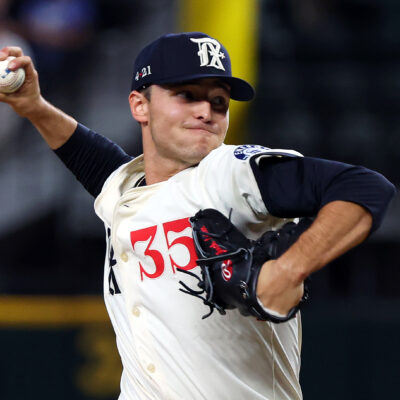 Jack Leiter of the Texas Rangers pitches in the first inning against the Boston Red Sox at Globe Life Field.