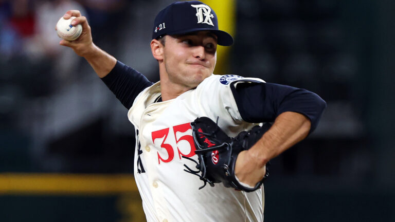 Jack Leiter of the Texas Rangers pitches in the first inning against the Boston Red Sox at Globe Life Field.