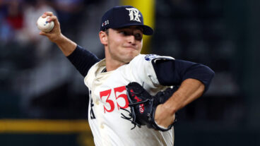 Jack Leiter of the Texas Rangers pitches in the first inning against the Boston Red Sox at Globe Life Field.
