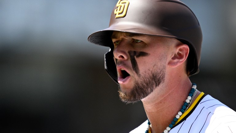 Jackson Merrill #3 of the San Diego Padres reacts after a single against the Atlanta Braves on Opening Day at Petco Park.