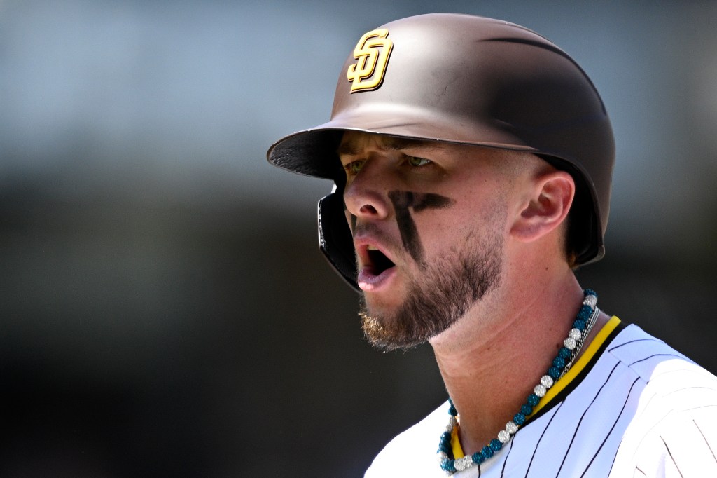 Jackson Merrill #3 of the San Diego Padres reacts after a single against the Atlanta Braves on Opening Day at Petco Park.