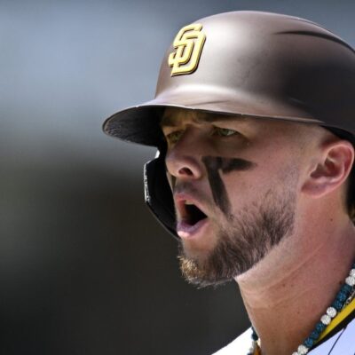 Jackson Merrill #3 of the San Diego Padres reacts after a single against the Atlanta Braves on Opening Day at Petco Park.