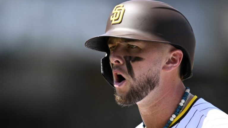 Jackson Merrill #3 of the San Diego Padres reacts after a single against the Atlanta Braves on Opening Day at Petco Park.