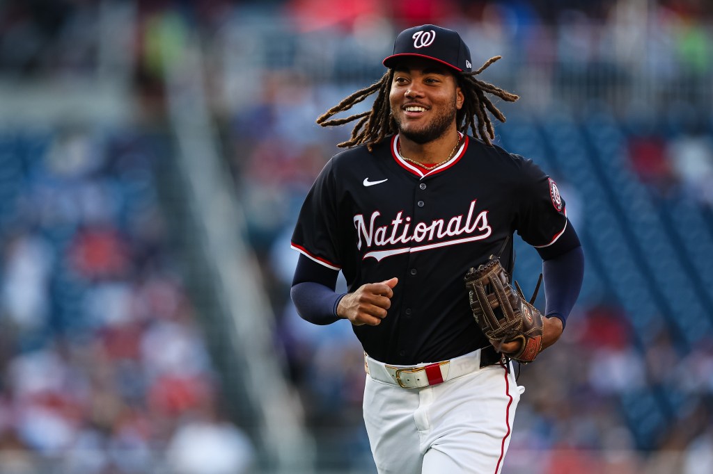 WASHINGTON, DC - JULY 02: James Wood #50 of the Washington Nationals reacts during the first inning against the New York Mets at Nationals Park on July 2, 2024 in Washington, DC. (Photo by Scott Taetsch/Getty Images)